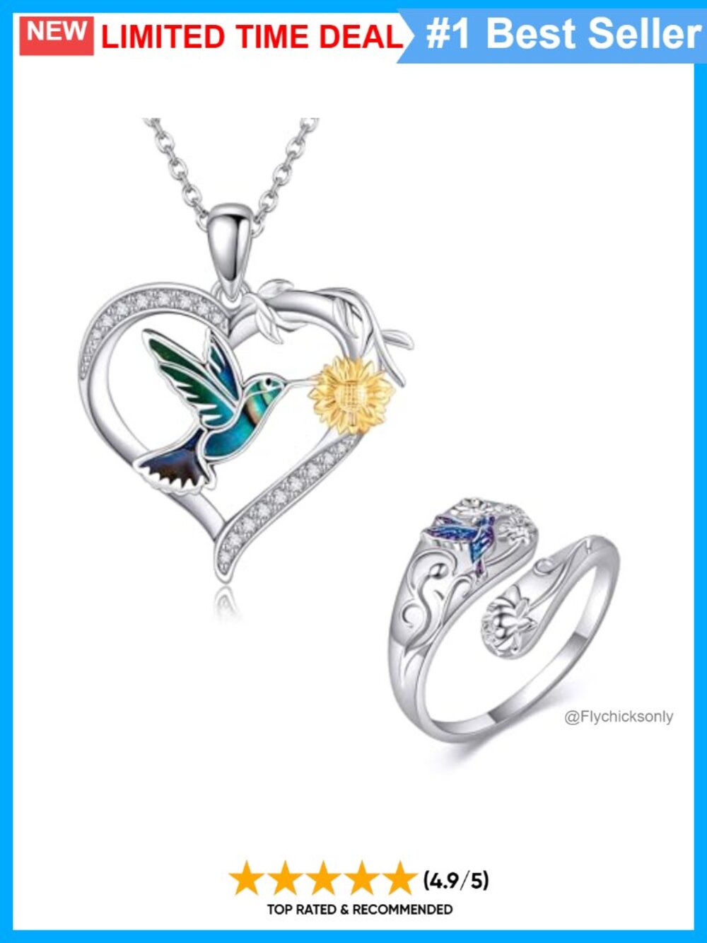Sterling Silver Abalone Shell Hummingbird Sunflower Pendant Necklace